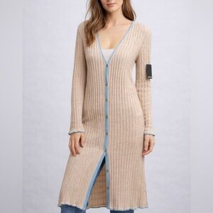 🆕 SWTR Ribbed Knit Long Cardigan Dress Beige Blue Trim Button Front Size M NWT